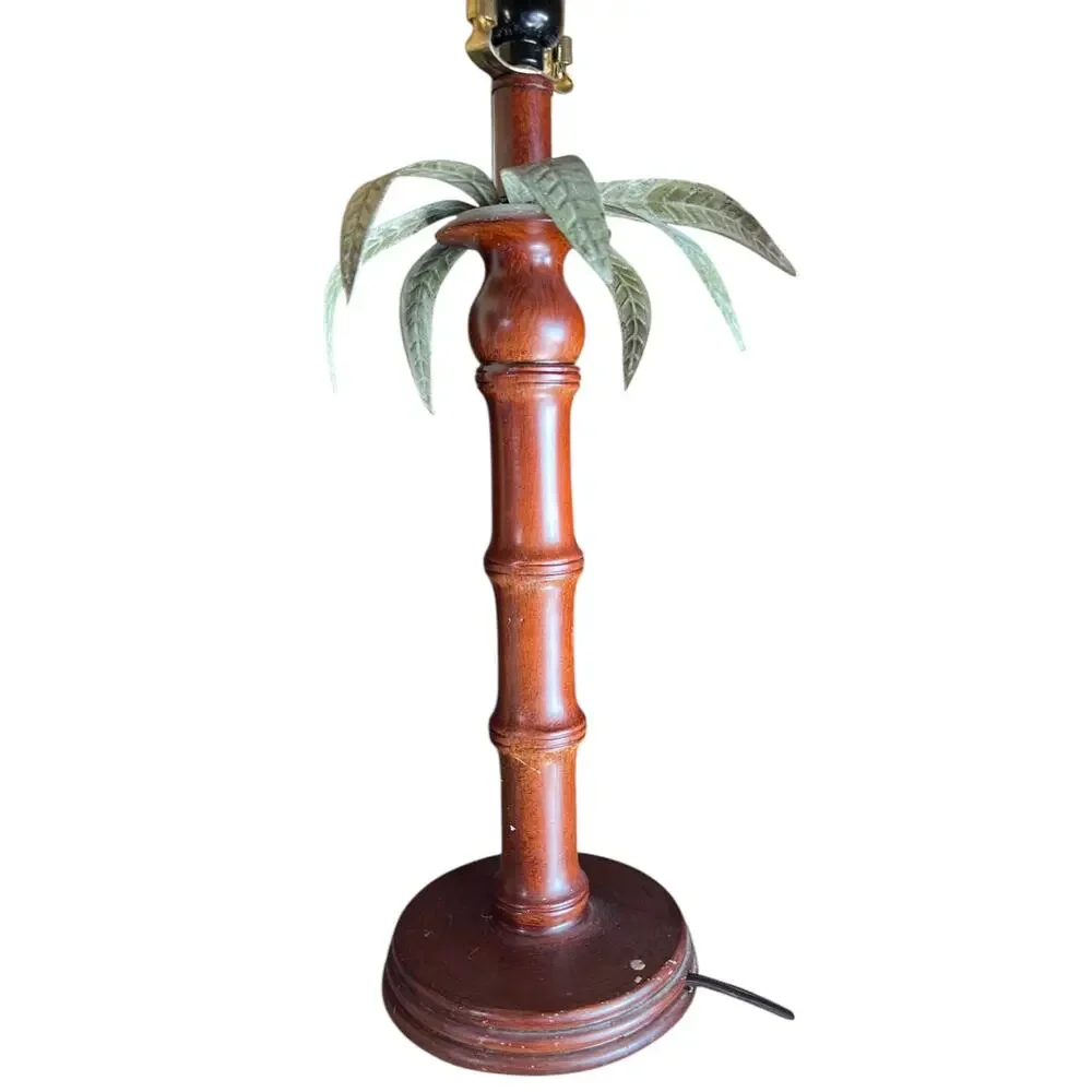 Vintage Tropical Palm Tree Bamboo Table Lamp Woven Rattan Shade Coastal Tiki